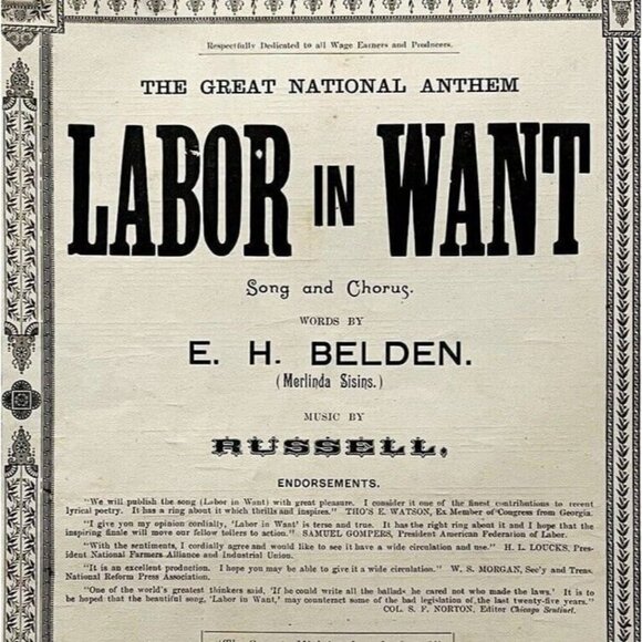 Labor In Want Union 1893 Song RARE SAMPLE COPY XL Victorian Sheet Music Russell - Picture 1 of 2